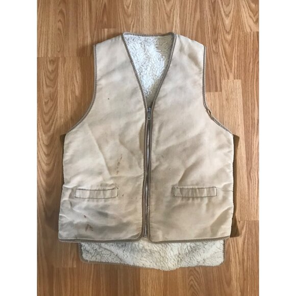 Vintage Beige Sherpa Lined Canvas Work Vest Size L - Picture 1 of 6